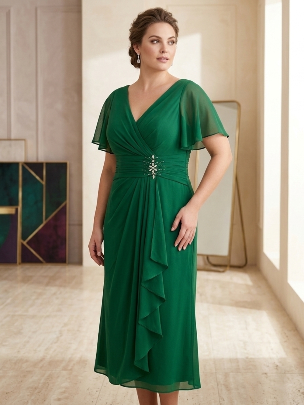Green V-Neck Chiffon Midi Dress with Ruched Jeweled Waist